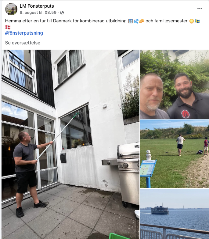 Inlägg från LM Fönsterputs på Facebook om utbildningsresa till Danmark